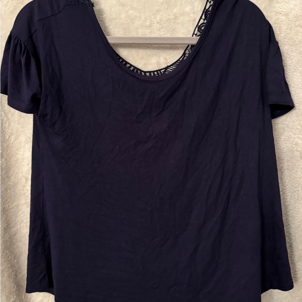 Navy Lace Back Trim Women's Top